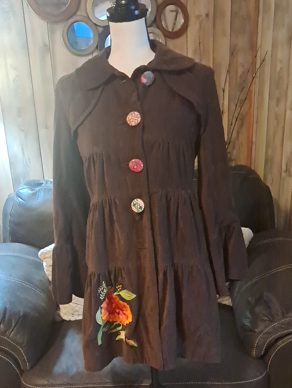 Judith March Chocolate Brown Tiered Coat Floral Appliqué Colorful Buttons Boho